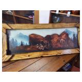 'Bigfoot with Raccoon' canvas print or painting in a handcrafted rustic wooden frame