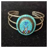 20.49g (including stones/inlay). Extreme Checkerboard Turquoise Inlay Zuni/ Navajo Native American Jewelry Silver Bracelet. .925 stamped PE.