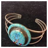 20.49g (including stones/inlay). Extreme Checkerboard Turquoise Inlay Zuni/ Navajo Native American Jewelry Silver Bracelet. .925 stamped PE.
