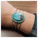 20.49g (including stones/inlay). Extreme Checkerboard Turquoise Inlay Zuni/ Navajo Native American Jewelry Silver Bracelet. .925 stamped PE.