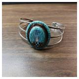 20.49g (including stones/inlay). Extreme Checkerboard Turquoise Inlay Zuni/ Navajo Native American Jewelry Silver Bracelet. .925 stamped PE.