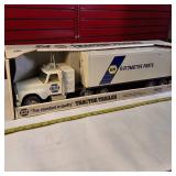 Vintage Nylint NAPA Auto Parts Pressed Steel Semi-Truck and Trailer toy, often found in a white box with 'The standard is quality' branding.