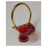 Vintage Ruby Red Glass Basket Vase – Gold Overlay Floral Design with Handle