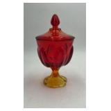 Vintage Amber & Ruby Red Glass Candy Jar – Floral Relief with Finial Lid