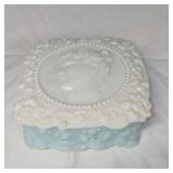 Vintage Milk Glass & Blue Cameo Jewelry Box – Lady Profile Lid with Floral Relief
