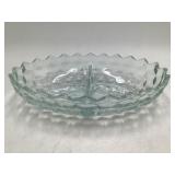Vintage Clear Pressed Glass Divided Relish Dish Scalloped Zigzag Rim Diamond Pattern Center Handle