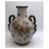 Chinese Crackle Glaze Vase with Floral and Butterfly Motifs Green Handles