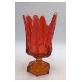 Vintage Blown Orange Amber Glass Tulip Vase Scalloped Petal Rim Hexagon Base