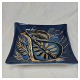Vintage Sascha Brastoff California Mid-Century Modern Blue Gold Abstract Floral Dish Signed