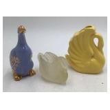 Vintage Miniature Ceramic Bird & Swan Planters Blue Goose Gold Accents Frosted Glass Swan Yellow Shell Swan