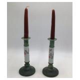 Vintage Painted Metal Candlesticks Green Patina Floral Porcelain Sleeves Pair