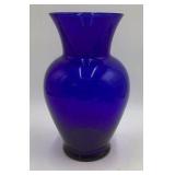 Vintage Cobalt Blue Glass Vase Flared Rim Bulbous Body Blown Style
