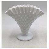 Vintage Fenton White Milk Glass Hobnail Ruffled Fan Vase Cone Shape