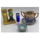 Vintage Ceramic Lot – Souvenir Bamboo Vase, Chinese Boy Figurine, Blue Cordial, Lusterware Sugar Bowl & Saucer, Footed Porcelain Bowl