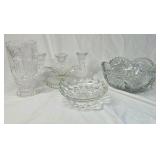 Vintage Crystal Glass Lot – Etched Vase, Candelabra, & Floral Bowls
