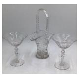 Vintage Crystal Glass Basket & Pair of Compotes – Floral Etched Design