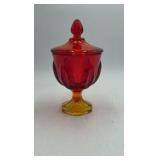 Vintage Amber & Ruby Red Glass Candy Jar – Floral Relief with Finial Lid