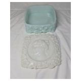 Vintage Milk Glass & Blue Cameo Jewelry Box – Lady Profile Lid with Floral Relief