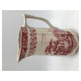 Vintage Red Transferware Pitcher with Pastoral Scene