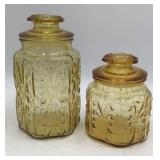 Pair of Vintage Amber Depression Glass Canisters Octagonal Faceted Floral Embossed with Lids