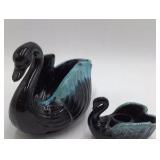 Vintage Black Swan Ceramic Planter Set Teal Drip Glaze Mother and Baby Novelty