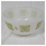 Vintage Fire-King Milk Glass Mixing Bowl Green Clover Flower Pattern