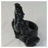 Vintage Black Ceramic Rearing Horse Planter Glossy Glaze Open Back Novelty