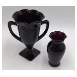 Vintage Black Amethyst Glass Vase Set Hand-Painted Fairy Motif Scalloped Rim & Bud Vase