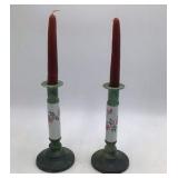 Vintage Painted Metal Candlesticks Green Patina Floral Porcelain Sleeves Pair