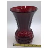 Vintage Ruby Red Glass Vase Flared Scalloped Rim Hobnail Base Depression Style