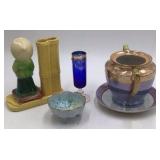 Vintage Ceramic Lot – Souvenir Bamboo Vase, Chinese Boy Figurine, Blue Cordial, Lusterware Sugar Bowl & Saucer, Footed Porcelain Bowl