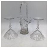 Vintage Crystal Glass Basket & Pair of Compotes – Floral Etched Design