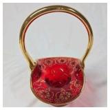 Vintage Ruby Red Glass Basket Vase – Gold Overlay Floral Design with Handle