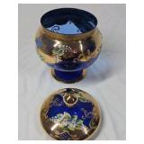 Vintage Cobalt Blue & Gold Enamel Trinket Jar – Floral & Scroll Design with Lid
