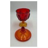 Vintage Amber & Ruby Red Glass Candy Jar – Floral Relief with Finial Lid