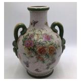 Chinese Crackle Glaze Vase with Floral and Butterfly Motifs Green Handles