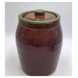 Vintage Brown Glazed Ceramic Canister with Hand-Painted Floral Design Green Lid