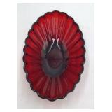 Vintage Red Glass Scalloped Fan Bowl Sunburst Center Raised Foot