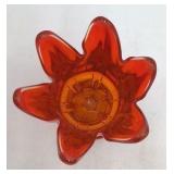 Vintage Blown Orange Amber Glass Tulip Vase Scalloped Petal Rim Hexagon Base