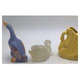Vintage Miniature Ceramic Bird & Swan Planters Blue Goose Gold Accents Frosted Glass Swan Yellow Shell Swan