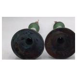 Vintage Painted Metal Candlesticks Green Patina Floral Porcelain Sleeves Pair