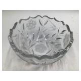 Vintage Crystal Etched Bowl – Floral & Swallow Design, Scalloped Rim