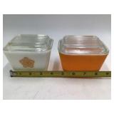 Pair of Vintage Pyrex Square Refrigerator Dishes – White & Amber with Flower Lids