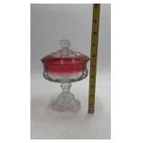Vintage Ruby Red Glass Candy Dish – Footed Compote with Lid & Beaded Design