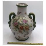 Chinese Crackle Glaze Vase with Floral and Butterfly Motifs Green Handles