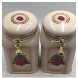 Pair of Knott's Berry Farm Ceramic Berry Canisters with Lids and Berry Labels