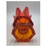 Vintage Blown Orange Amber Glass Tulip Vase Scalloped Petal Rim Hexagon Base
