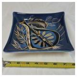 Vintage Sascha Brastoff California Mid-Century Modern Blue Gold Abstract Floral Dish Signed
