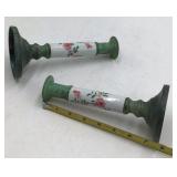 Vintage Painted Metal Candlesticks Green Patina Floral Porcelain Sleeves Pair