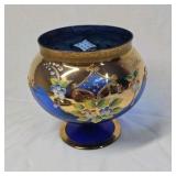 Vintage Cobalt Blue & Gold Enamel Trinket Jar – Floral & Scroll Design with Lid